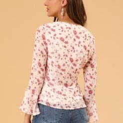 Allegra K Women's Square Neck Bell Sleeve Floral Chiffon Blouse
