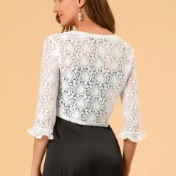Allegra K Women's Elegant Ruffled Sleeve Tie Front Lace Bolero Shrug Top