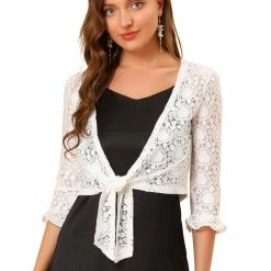 Allegra K Women's Elegant Ruffled Sleeve Tie Front Lace Bolero Shrug Top