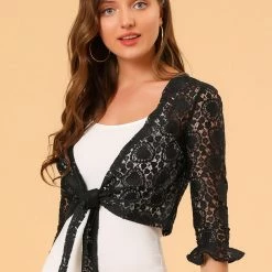Allegra K Women's Elegant Ruffled Sleeve Tie Front Lace Bolero Shrug Top