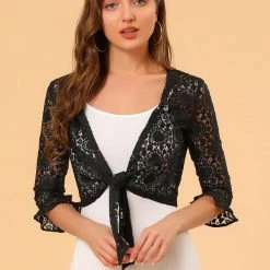 Allegra K Women's Elegant Ruffled Sleeve Tie Front Lace Bolero Shrug Top