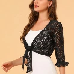 Allegra K Women's Elegant Ruffled Sleeve Tie Front Lace Bolero Shrug Top