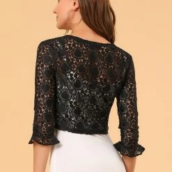 Allegra K Women's Elegant Ruffled Sleeve Tie Front Lace Bolero Shrug Top