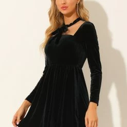 Allegra K Women's Velvet Party Sheer Mesh Panel Tie Neck Sexy A-Line Mini Dress 13 Allegra K Women's Velvet Party Sheer Mesh Panel Tie Neck Sexy A-Line Mini Dress