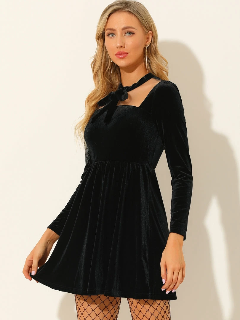 Allegra K Women's Velvet Party Sheer Mesh Panel Tie Neck Sexy A-Line Mini Dress 7 Allegra K Women's Velvet Party Sheer Mesh Panel Tie Neck Sexy A-Line Mini Dress