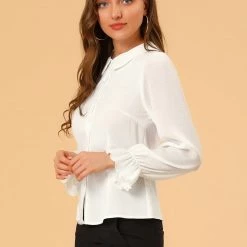Allegra K Women's Peter Pan Collar Tops Elegant Contrast Panel Work Button Down Shirt