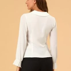 Allegra K Women's Peter Pan Collar Tops Elegant Contrast Panel Work Button Down Shirt