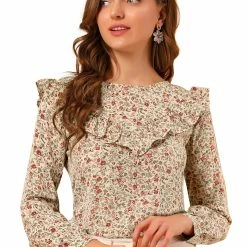 Allegra K Women's Floral Printed Top Long Sleeve Round Neck Ruffle Collar Blouse