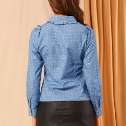 Allegra K Women's Ruffle Point Collar Dots Long Sleeves Button Down Shirt