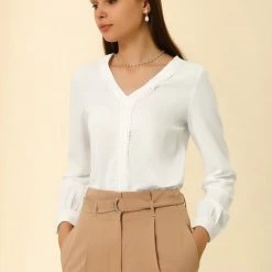 Allegra K Women's Long Sleeve Casual Lace Trim Career V Neck Blouse