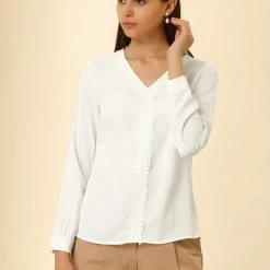 Allegra K Women's Long Sleeve Casual Lace Trim Career V Neck Blouse