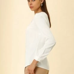 Allegra K Women's Long Sleeve Casual Lace Trim Career V Neck Blouse