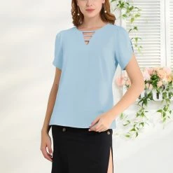 Allegra K Women's Choker V Cut-Out Split-Neck Casual Slashed Cuffs Top