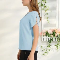 Allegra K Women's Choker V Cut-Out Split-Neck Casual Slashed Cuffs Top