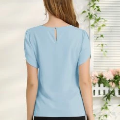 Allegra K Women's Choker V Cut-Out Split-Neck Casual Slashed Cuffs Top