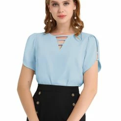 Allegra K Women's Choker V Cut-Out Split-Neck Casual Slashed Cuffs Top