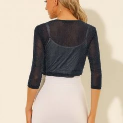 Allegra K Women's Cardigan Sheer Sparkle Metallic Glitter Open Front Shrug Tops