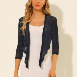 Allegra K Women's Cardigan Sheer Sparkle Metallic Glitter Open Front Shrug Tops