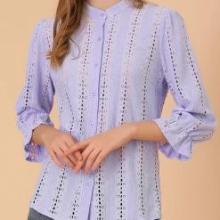 Allegra K Women's Ruffle 3/4 Sleeve Solid Button Front Eyelet Embroidery Blouse 11 Allegra K Women's Ruffle 3/4 Sleeve Solid Button Front Eyelet Embroidery Blouse