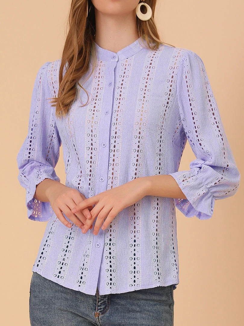 Allegra K Women's Ruffle 3/4 Sleeve Solid Button Front Eyelet Embroidery Blouse 5 Allegra K Women's Ruffle 3/4 Sleeve Solid Button Front Eyelet Embroidery Blouse