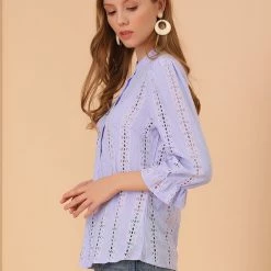 Allegra K Women's Ruffle 3/4 Sleeve Solid Button Front Eyelet Embroidery Blouse 13 Allegra K Women's Ruffle 3/4 Sleeve Solid Button Front Eyelet Embroidery Blouse