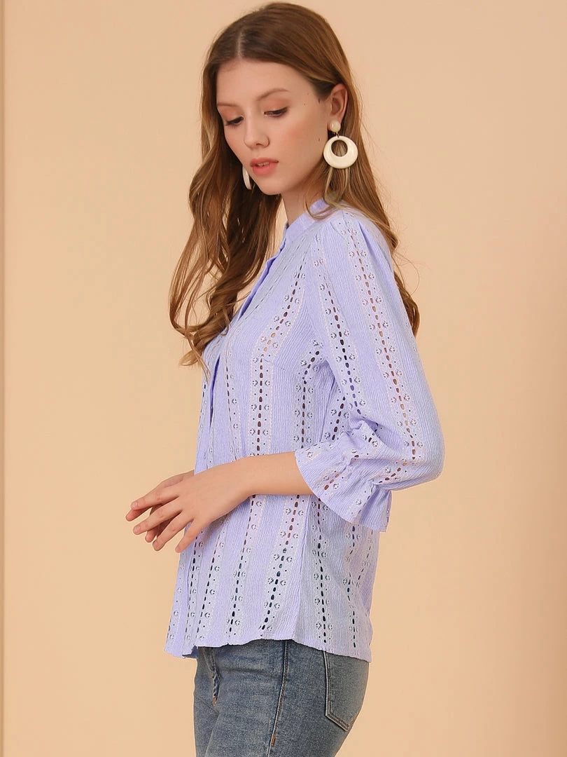 Allegra K Women's Ruffle 3/4 Sleeve Solid Button Front Eyelet Embroidery Blouse 7 Allegra K Women's Ruffle 3/4 Sleeve Solid Button Front Eyelet Embroidery Blouse