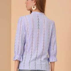 Allegra K Women's Ruffle 3/4 Sleeve Solid Button Front Eyelet Embroidery Blouse 14 Allegra K Women's Ruffle 3/4 Sleeve Solid Button Front Eyelet Embroidery Blouse