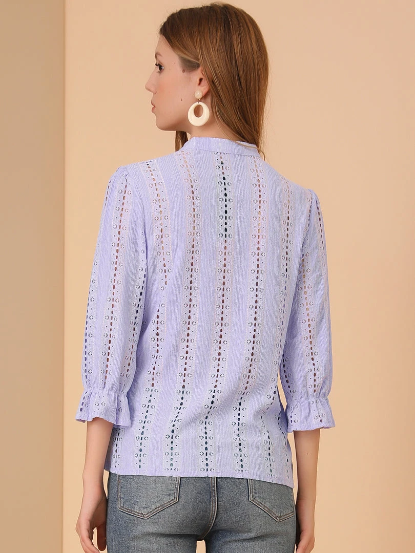 Allegra K Women's Ruffle 3/4 Sleeve Solid Button Front Eyelet Embroidery Blouse 8 Allegra K Women's Ruffle 3/4 Sleeve Solid Button Front Eyelet Embroidery Blouse
