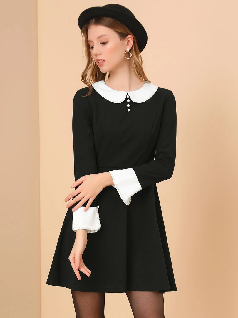 Allegra K Women's Peter Pan Collar Contrast Button Decor Long Sleeve Flare Dress 5 Allegra K Women's Peter Pan Collar Contrast Button Decor Long Sleeve Flare Dress