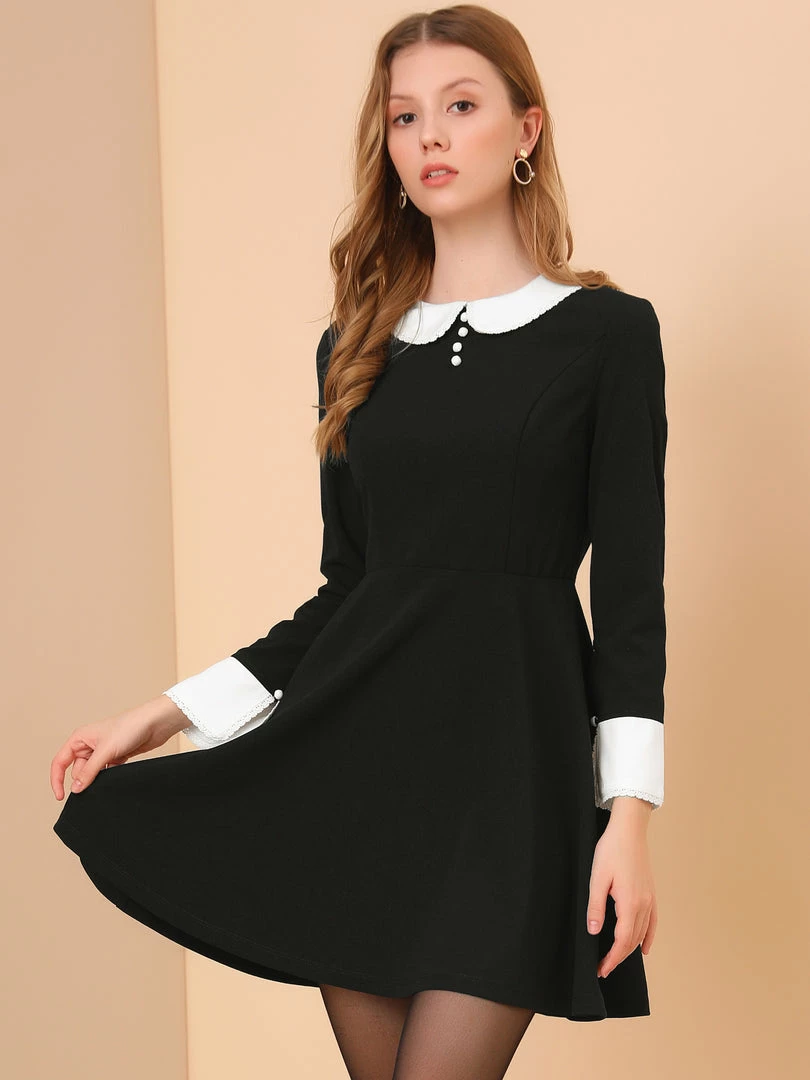 Allegra K Women's Peter Pan Collar Contrast Button Decor Long Sleeve Flare Dress 6 Allegra K Women's Peter Pan Collar Contrast Button Decor Long Sleeve Flare Dress