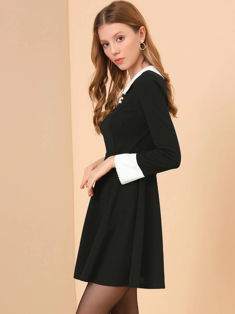 Allegra K Women's Peter Pan Collar Contrast Button Decor Long Sleeve Flare Dress 7 Allegra K Women's Peter Pan Collar Contrast Button Decor Long Sleeve Flare Dress