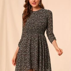 Allegra K Women's Floral Dress Shirred 3/4 Sleeve Asymmetrical Hem Smocked Dresses