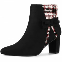 Allegra K Women's Plaid Pointed Toe Block Heels Ankle Boots Shoes