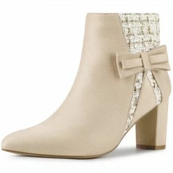 Allegra K Women's Plaid Pointed Toe Block Heels Ankle Boots Shoes