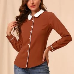 Allegra K Women's Peter Pan Collar Shirt Long Sleeve Vintage Work Button Down Blouse Top