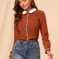 Allegra K Women's Peter Pan Collar Shirt Long Sleeve Vintage Work Button Down Blouse Top