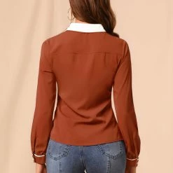 Allegra K Women's Peter Pan Collar Shirt Long Sleeve Vintage Work Button Down Blouse Top