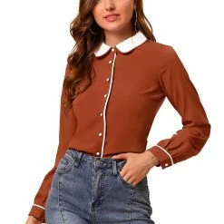 Allegra K Women's Peter Pan Collar Shirt Long Sleeve Vintage Work Button Down Blouse Top