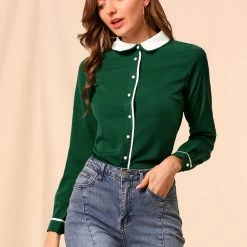 Allegra K Women's Peter Pan Collar Shirt Long Sleeve Vintage Work Button Down Blouse Top