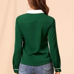 Allegra K Women's Peter Pan Collar Shirt Long Sleeve Vintage Work Button Down Blouse Top