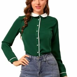 Allegra K Women's Peter Pan Collar Shirt Long Sleeve Vintage Work Button Down Blouse Top