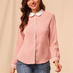 Allegra K Women's Peter Pan Collar Shirt Long Sleeve Vintage Work Button Down Blouse Top