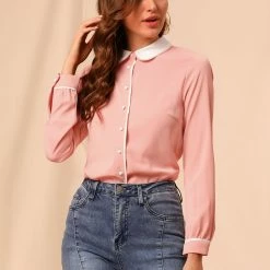 Allegra K Women's Peter Pan Collar Shirt Long Sleeve Vintage Work Button Down Blouse Top