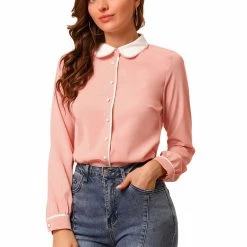 Allegra K Women's Peter Pan Collar Shirt Long Sleeve Vintage Work Button Down Blouse Top