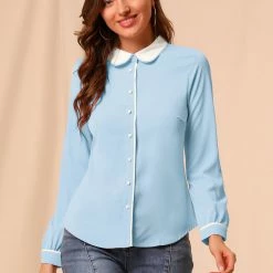 Allegra K Women's Peter Pan Collar Shirt Long Sleeve Vintage Work Button Down Blouse Top