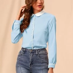 Allegra K Women's Peter Pan Collar Shirt Long Sleeve Vintage Work Button Down Blouse Top