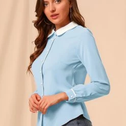 Allegra K Women's Peter Pan Collar Shirt Long Sleeve Vintage Work Button Down Blouse Top