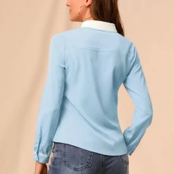 Allegra K Women's Peter Pan Collar Shirt Long Sleeve Vintage Work Button Down Blouse Top