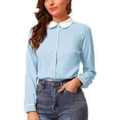 Allegra K Women's Peter Pan Collar Shirt Long Sleeve Vintage Work Button Down Blouse Top