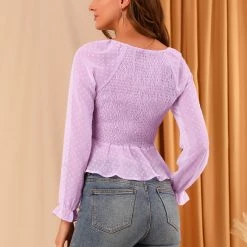 Allegra K Women's Smocked Peplum Crop Top V-Neck Chiffon Ruffle Swiss Dots Blouse